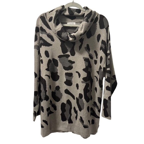 Calvin Klein Gray & Black Animal Print Cowl Neck Sweater Sz L Long Sleeve - Picture 1 of 12